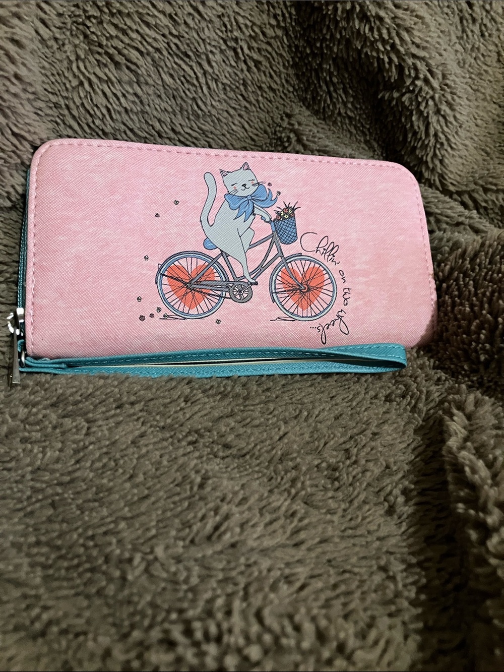 Pink Cat Bicycle Zip Wallet with Teal Trim